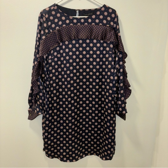 Banana Republic 100% Silk Foulard Long Sleeve Shift Mini Dress Blue Red Ruffle - Picture 4 of 15